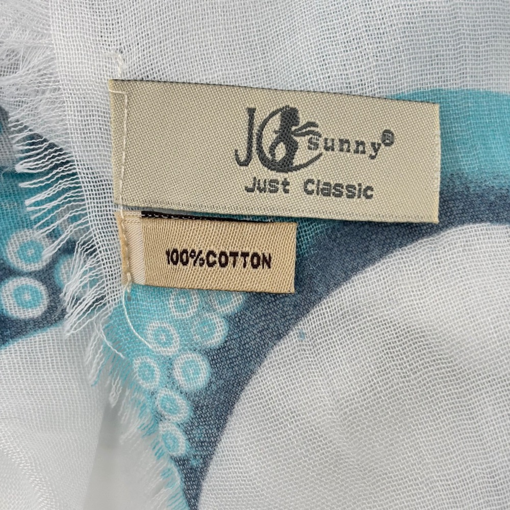 JC Sunny Just Classic Blue Octopus Print 100% Cotton Scarf Frayed Edge 28x70 - Picture 4 of 7